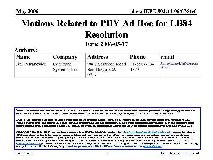 May 2006 doc. : IEEE 802. 11 -06/0761 r 0 Motions Related to PHY