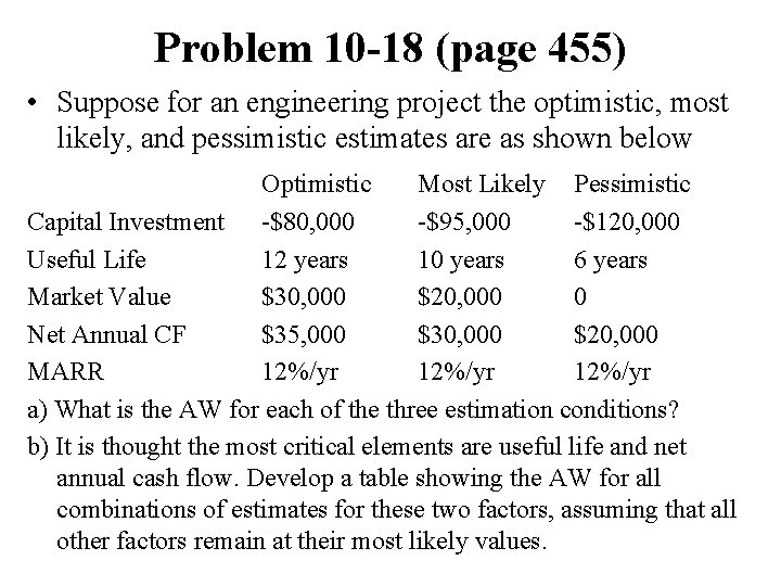 Problem 10 -18 (page 455) • Suppose for an engineering project the optimistic, most