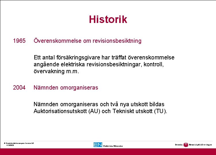 Historik 1965 Överenskommelse om revisionsbesiktning Ett antal försäkringsgivare har träffat överenskommelse angående elektriska revisionsbesiktningar,