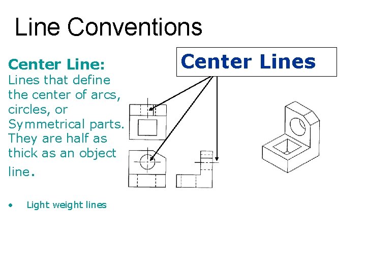 Line Conventions Center Line: Lines that define the center of arcs, circles, or Symmetrical