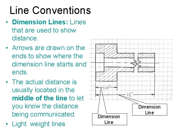 Line Conventions • Dimension Lines: Lines that are used to show distance. • Arrows