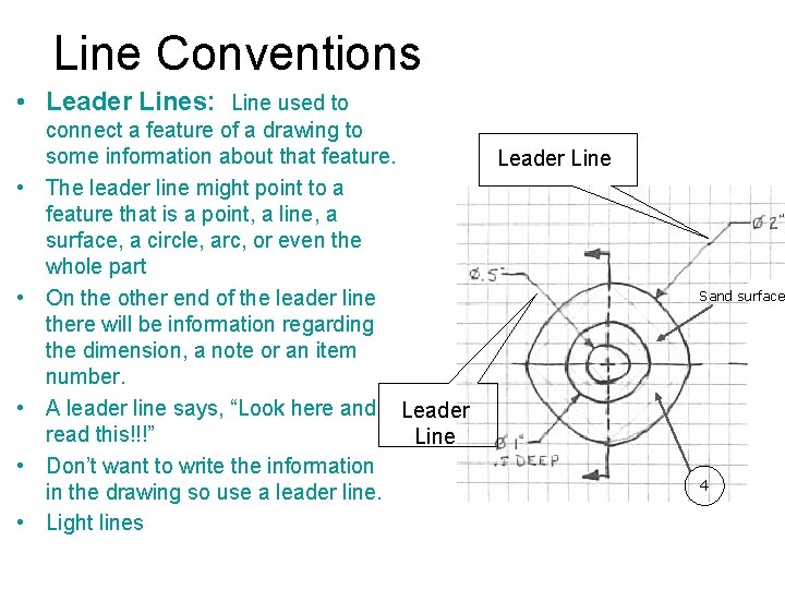 Line Conventions • Leader Lines: Line used to • • • connect a feature