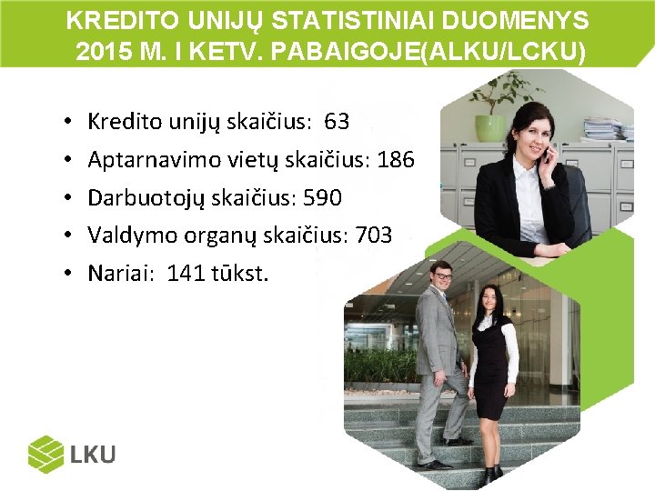 KREDITO UNIJŲ STATISTINIAI DUOMENYS 2015 M. I KETV. PABAIGOJE(ALKU/LCKU) • • • Kredito unijų