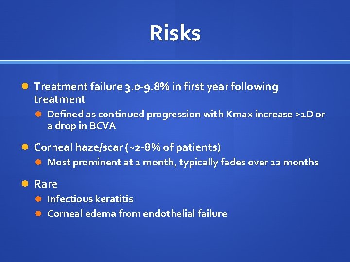 Risks Treatment failure 3. 0 -9. 8% in first year following treatment Defined as