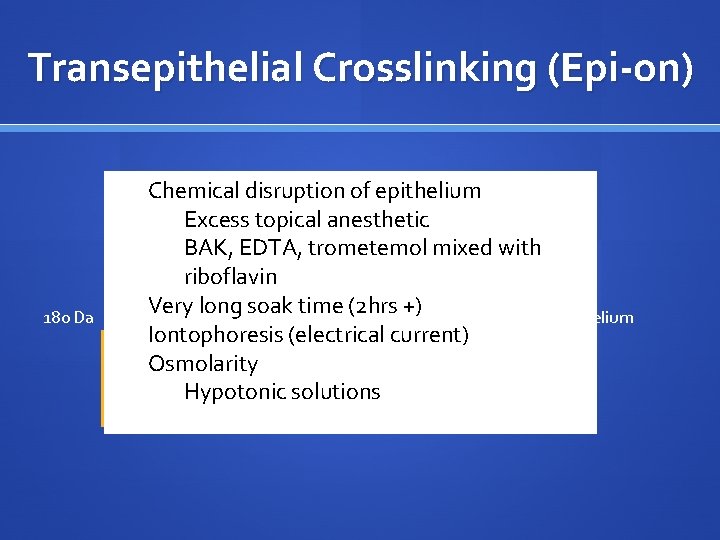 Transepithelial Crosslinking (Epi-on) 180 Da Chemical disruption of epithelium Excess topical anesthetic 340 Da