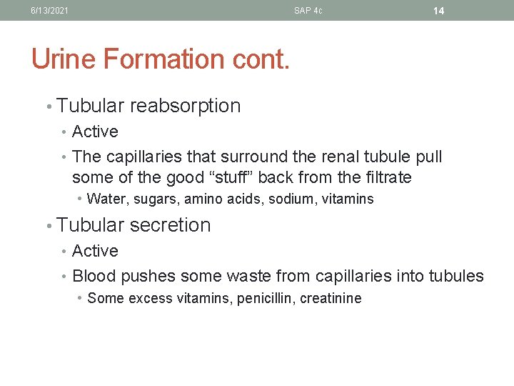 6/13/2021 SAP 4 c 14 Urine Formation cont. • Tubular reabsorption • Active •