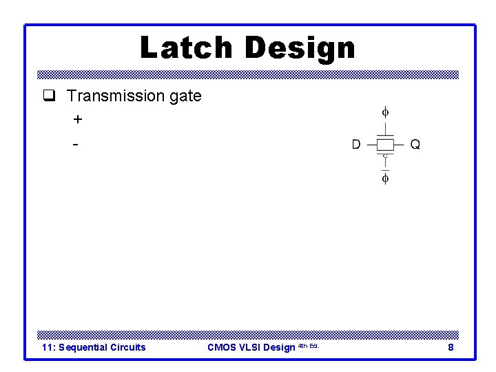 Latch Design q Transmission gate + No Vt drop - Requires inverted clock 11: