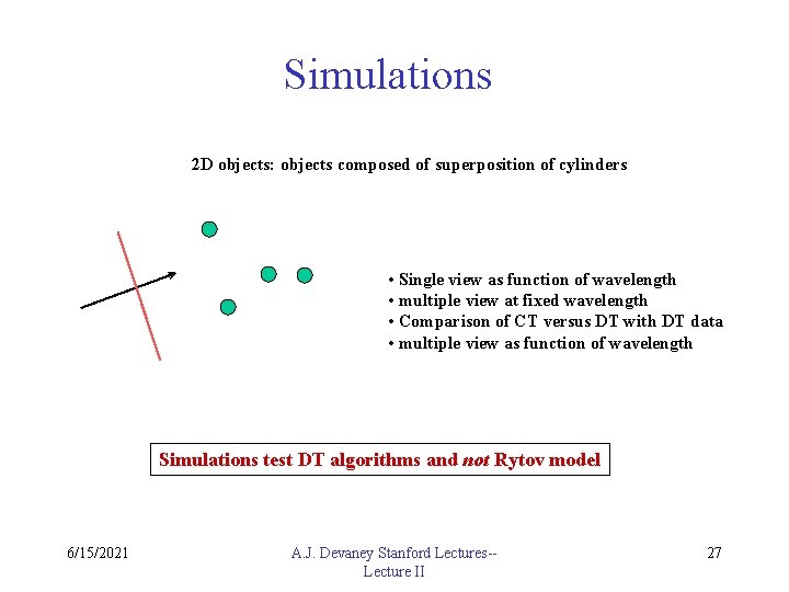Simulations 2 D objects: objects composed of superposition of cylinders • Single view as
