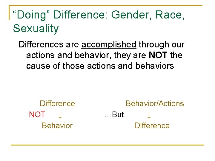 “Doing” Difference: Gender, Race, Sexuality Differences are accomplished through our actions and behavior, they