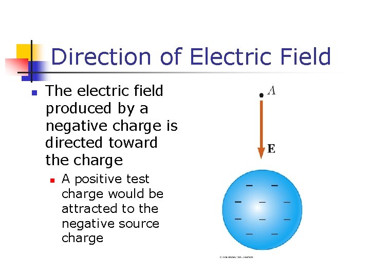 Direction of Electric Field n The electric field produced by a negative charge is