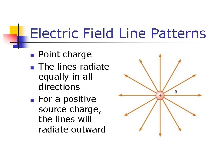 Electric Field Line Patterns n n n Point charge The lines radiate equally in