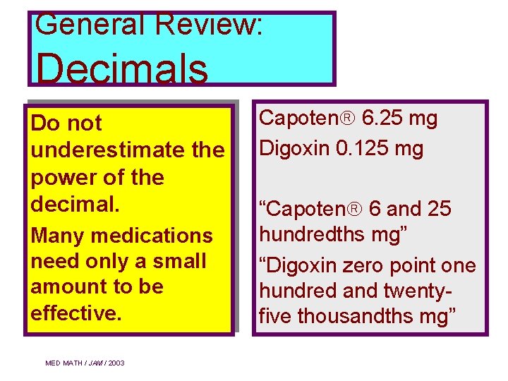 General Review: Decimals Do not underestimate the power of the decimal. Many medications need