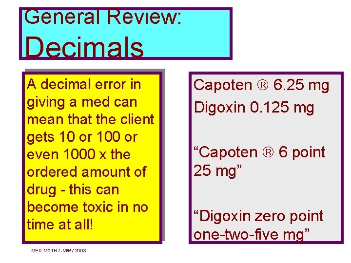 General Review: Decimals A decimal error in giving a med can mean that the