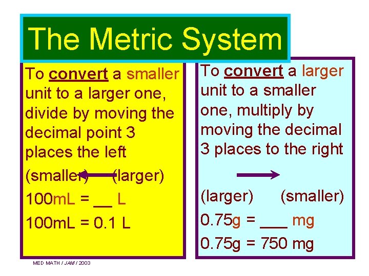 The Metric System To convert a smaller unit to a larger one, divide by