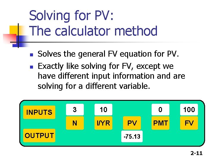 Solving for PV: The calculator method n n Solves the general FV equation for