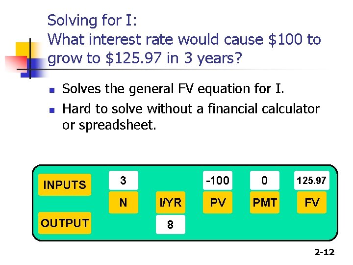 Solving for I: What interest rate would cause $100 to grow to $125. 97