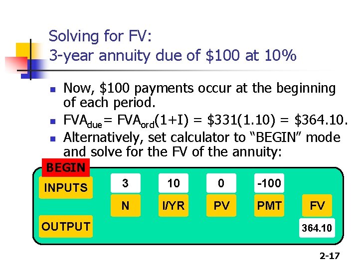Solving for FV: 3 -year annuity due of $100 at 10% n n n