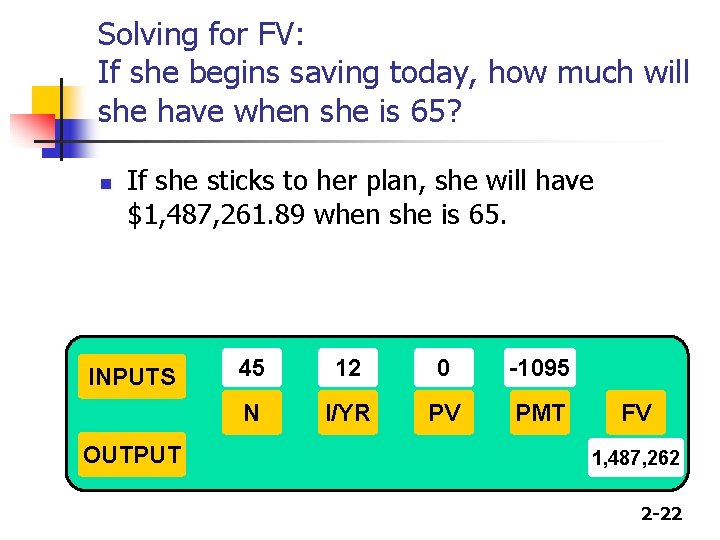 Solving for FV: If she begins saving today, how much will she have when