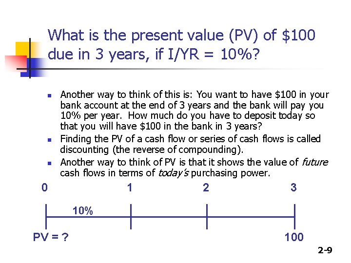 What is the present value (PV) of $100 due in 3 years, if I/YR
