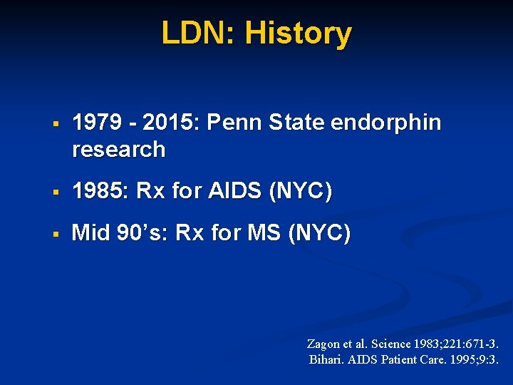 LDN: History § 1979 - 2015: Penn State endorphin research § 1985: Rx for