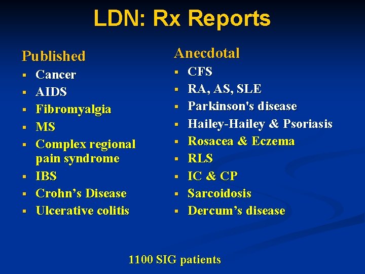 LDN: Rx Reports Anecdotal Published § § § § Cancer AIDS Fibromyalgia MS Complex