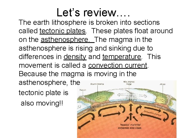 Let’s review…. The earth lithosphere is broken into sections called tectonic plates. These plates