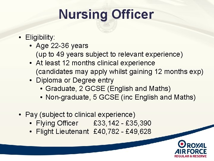 Nursing Officer • Eligibility: • Age 22 -36 years (up to 49 years subject Nursing Officer • Eligibility: • Age 22 -36 years (up to 49 years subject
