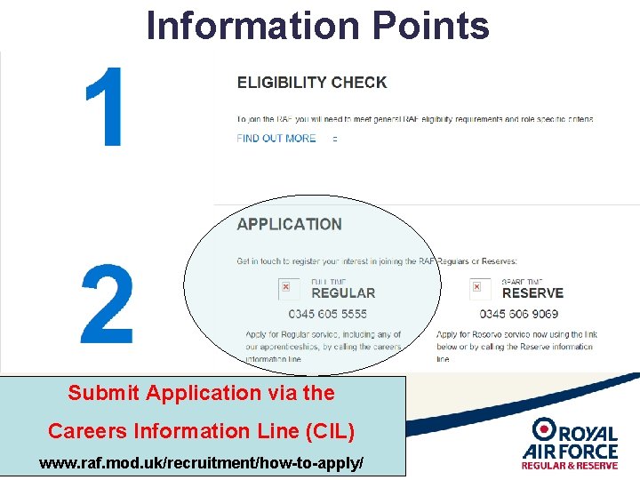 Information Points Submit Application via the Careers Information Line (CIL) www. raf. mod. uk/recruitment/how-to-apply/ Information Points Submit Application via the Careers Information Line (CIL) www. raf. mod. uk/recruitment/how-to-apply/