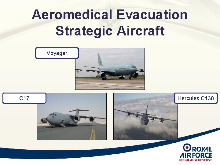 Aeromedical Evacuation Strategic Aircraft Voyager C 17 Hercules C 130 Aeromedical Evacuation Strategic Aircraft Voyager C 17 Hercules C 130