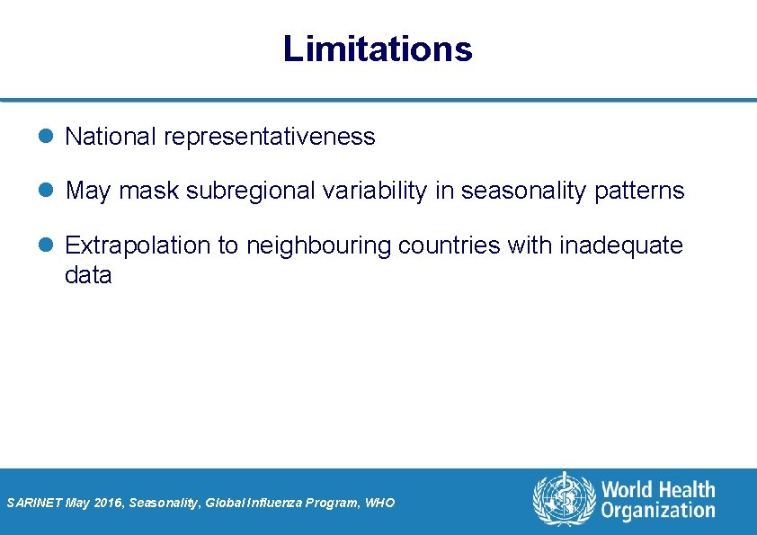 Limitations l National representativeness l May mask subregional variability in seasonality patterns l Extrapolation