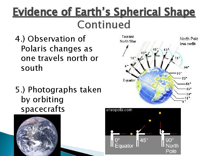 Evidence of Earth’s Spherical Shape Continued 4. ) Observation of Polaris changes as one