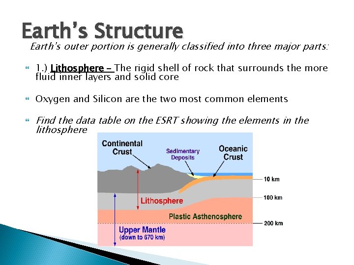 Earth’s Structure Earth’s outer portion is generally classified into three major parts: 1. )