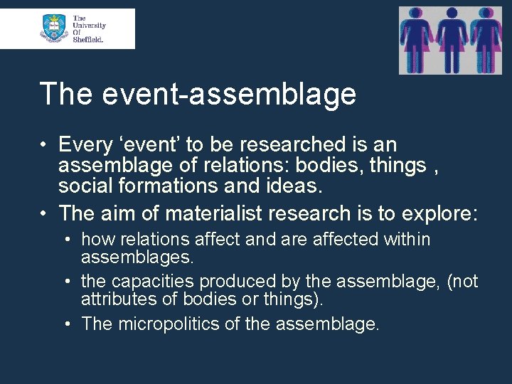 The event-assemblage • Every ‘event’ to be researched is an assemblage of relations: bodies,