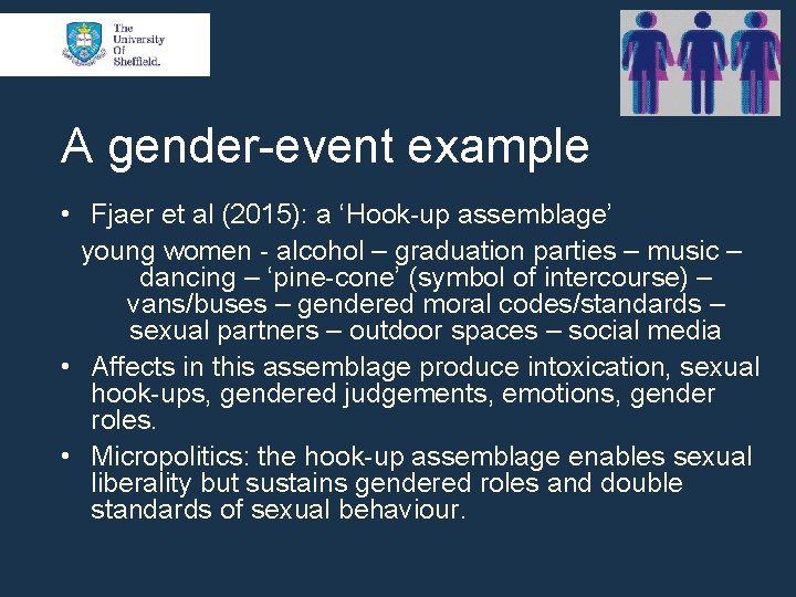 A gender-event example • Fjaer et al (2015): a ‘Hook-up assemblage’ young women -