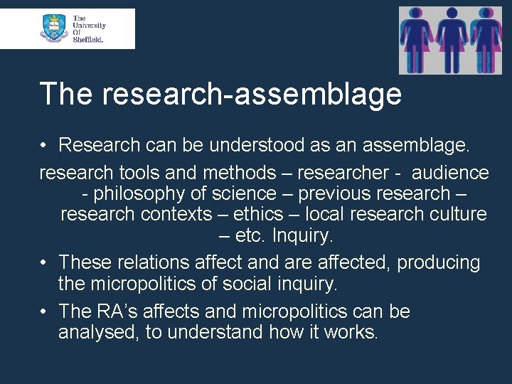 The research-assemblage • Research can be understood as an assemblage. research tools and methods