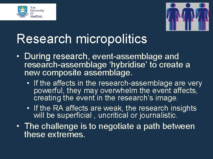 Research micropolitics • During research, event-assemblage and research-assemblage ‘hybridise’ to create a new composite