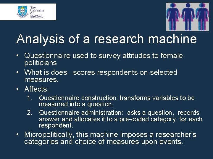 Analysis of a research machine • Questionnaire used to survey attitudes to female politicians