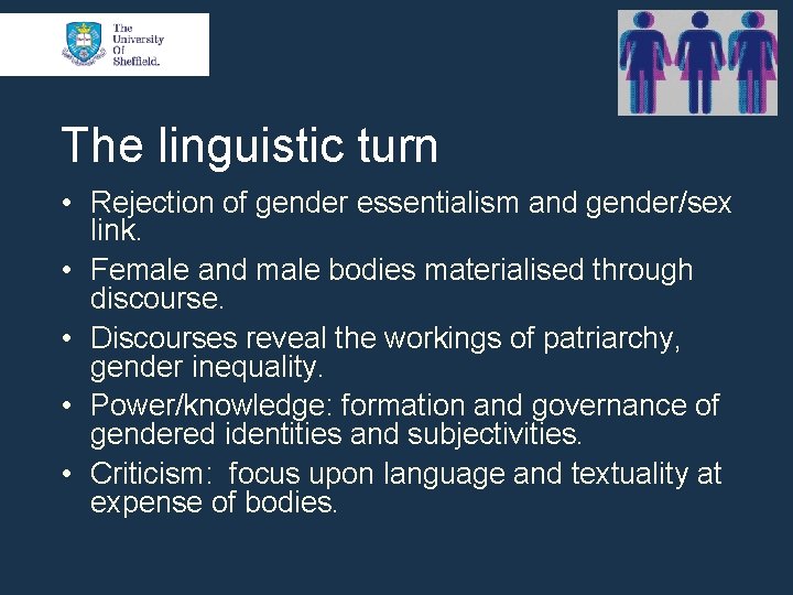 The linguistic turn • Rejection of gender essentialism and gender/sex link. • Female and