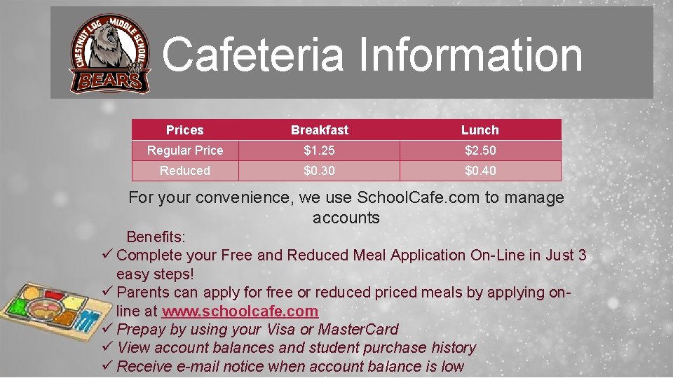 Cafeteria Information Prices Breakfast Lunch Regular Price $1. 25 $2. 50 Reduced $0. 30