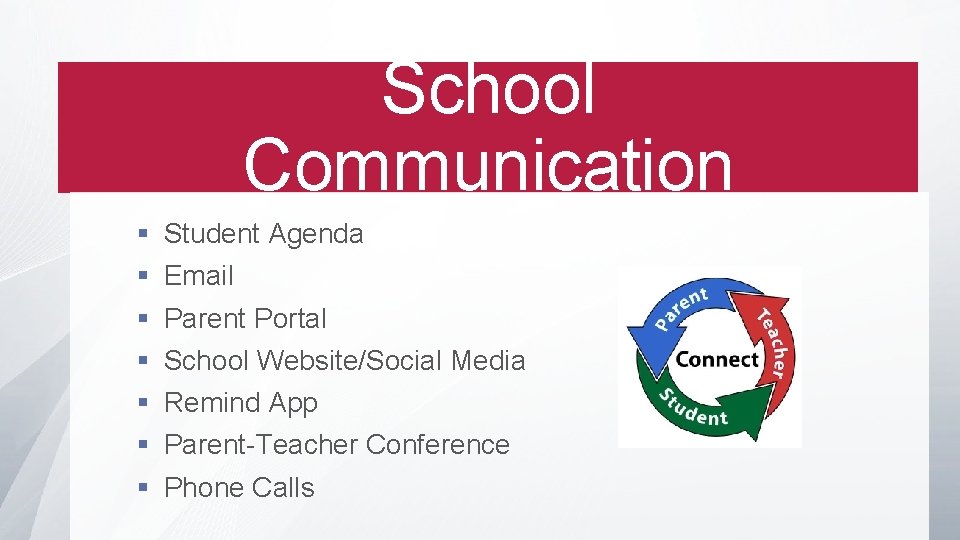 School Communication § § § § Student Agenda Email Parent Portal School Website/Social Media
