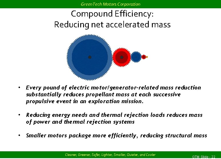 Green. Tech Motors Corporation Compound Efficiency: Reducing net accelerated mass • Every pound of