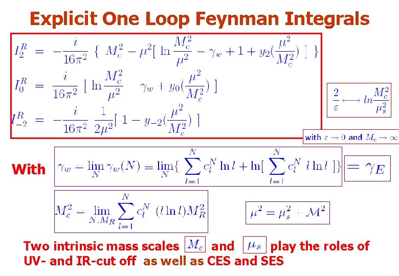 Explicit One Loop Feynman Integrals With Two intrinsic mass scales and play the roles