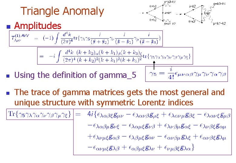 Triangle Anomaly n Amplitudes n Using the definition of gamma_5 n The trace of