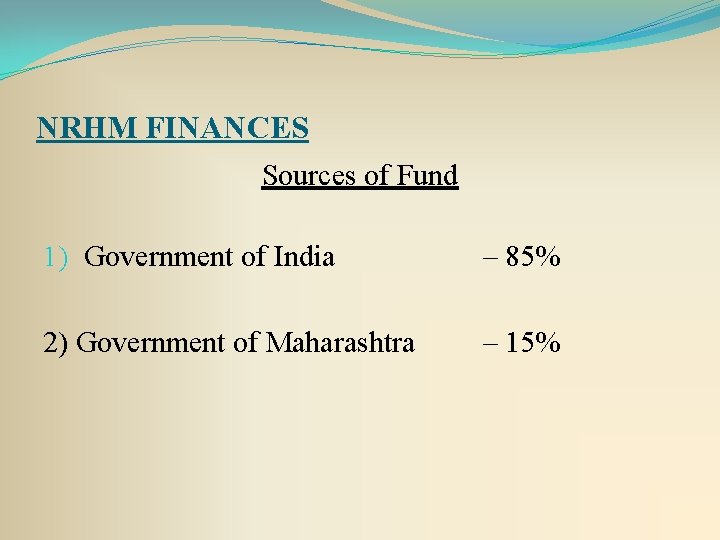 NRHM FINANCES Sources of Fund 1) Government of India – 85% 2) Government of