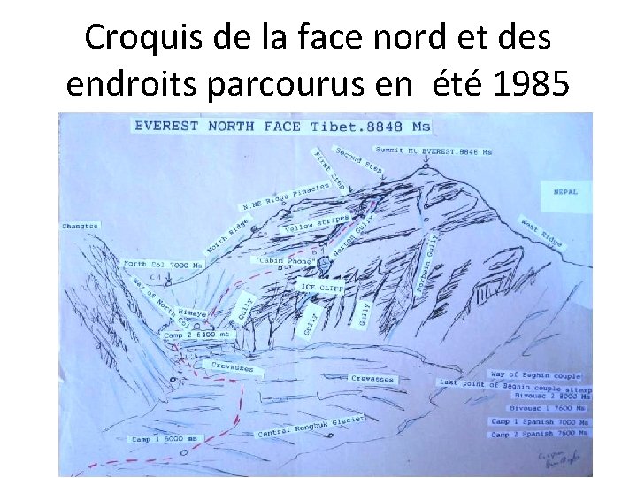 Croquis de la face nord et des endroits parcourus en été 1985 