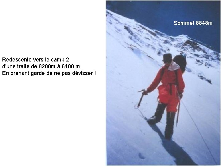 Sommet 8848 m Redescente vers le camp 2 d’une traite de 8200 m à