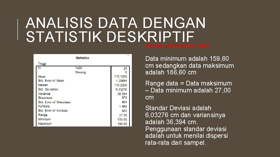 ANALISIS DATA DENGAN STATISTIK DESKRIPTIF Ukuran penyebaran data Data minimum adalah 159, 60 cm