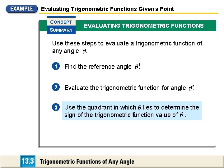 Evaluating Trigonometric Functions Given a Point CONCEPT SUMMARY EVALUATING TRIGONOMETRIC FUNCTIONS Use these steps Evaluating Trigonometric Functions Given a Point CONCEPT SUMMARY EVALUATING TRIGONOMETRIC FUNCTIONS Use these steps