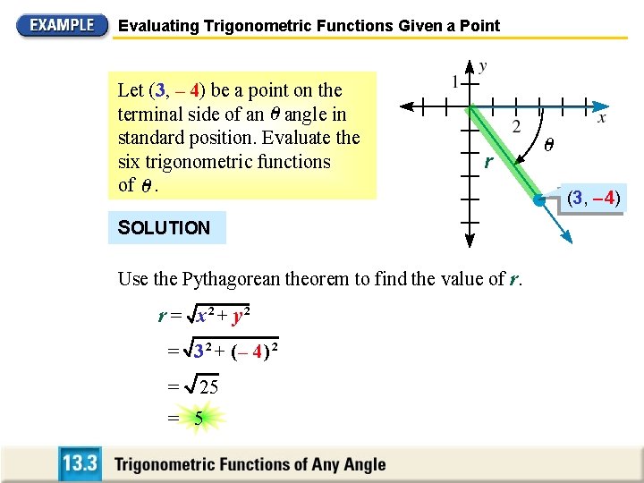 Evaluating Trigonometric Functions Given a Point Let (3, – 4) be a point on Evaluating Trigonometric Functions Given a Point Let (3, – 4) be a point on