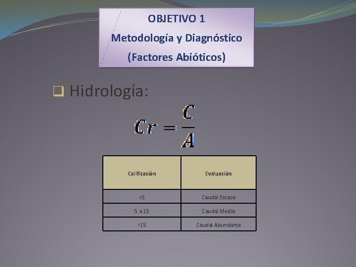 OBJETIVO 1 Metodología y Diagnóstico (Factores Abióticos) q Hidrología: Calificación Evaluación <5 Caudal Escaso